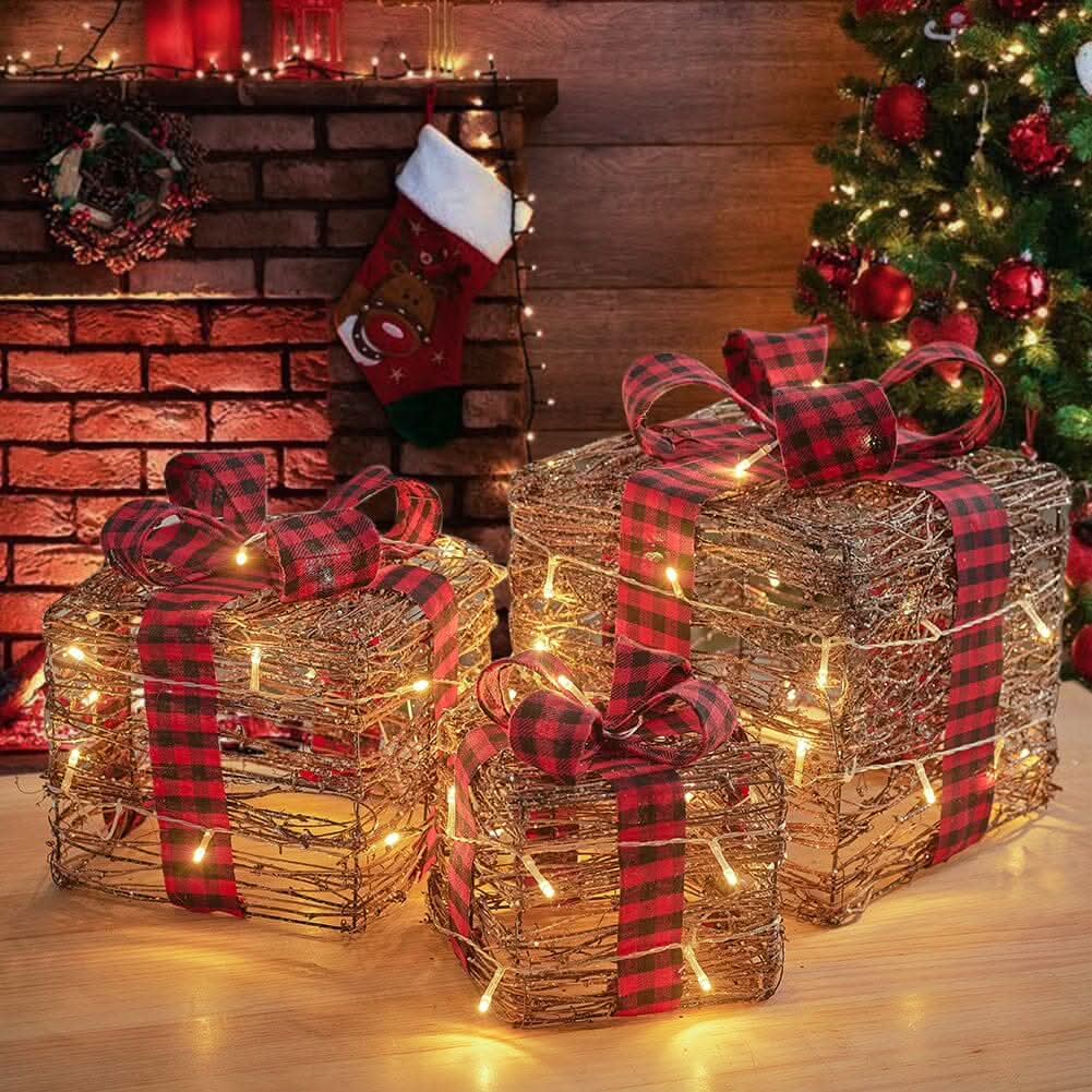 Pre-Lit Woven Christmas Gift Box Set with Checked Bows