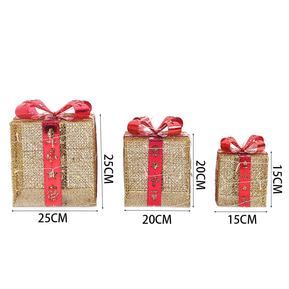 3pcs Christmas Gift Box Accessories Set with Light Strips-Golden Box