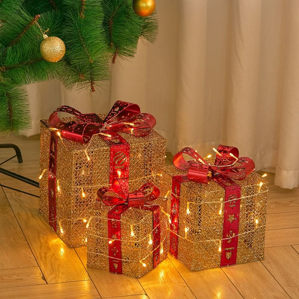 3pcs Christmas Gift Box Accessories Set with Light Strips-Golden Box