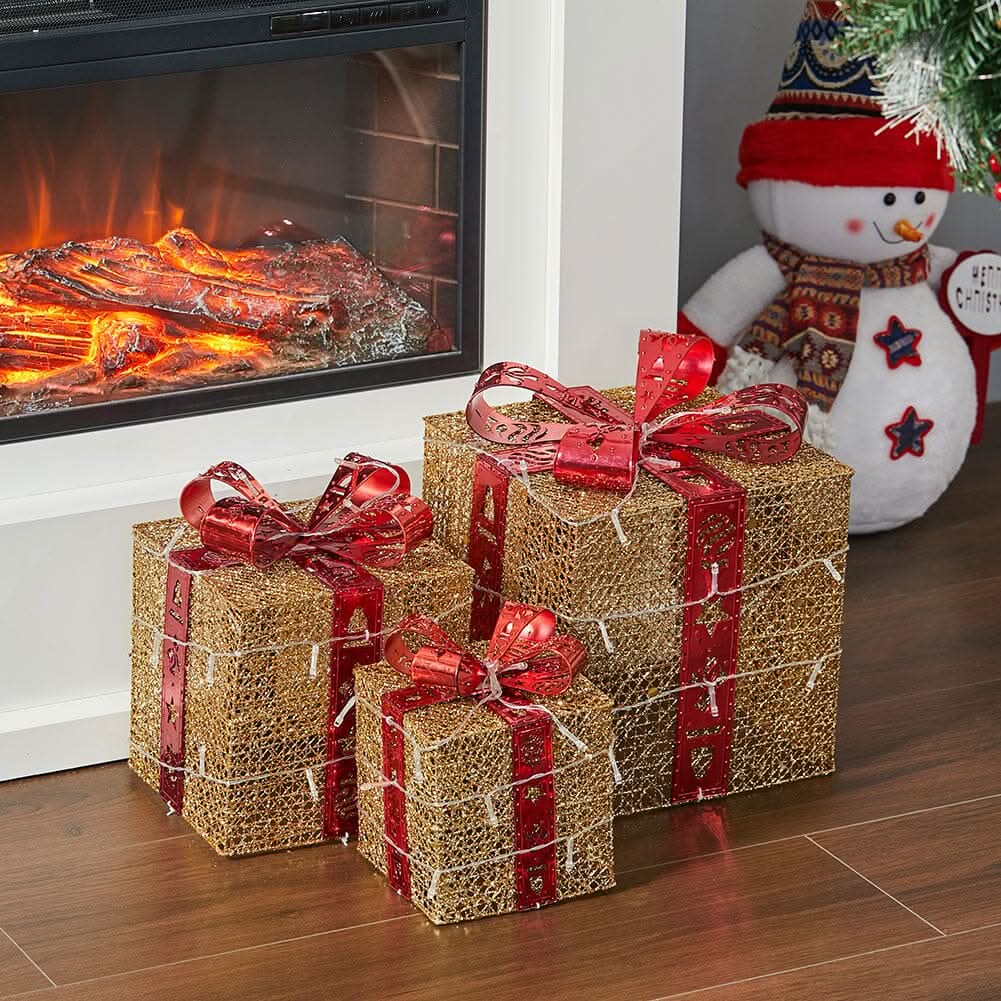 3pcs Christmas Gift Box Accessories Set with Light Strips-Golden Box