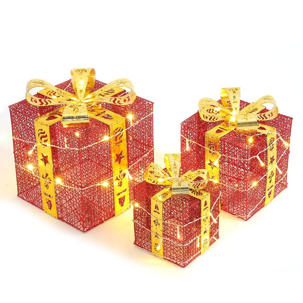 3pcs Christmas Gift Box Accessories Set with Light Strips-Red Box