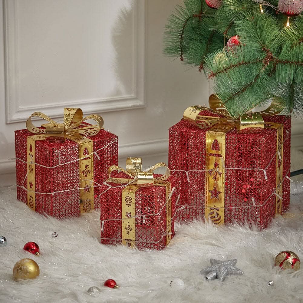 3pcs Christmas Gift Box Accessories Set with Light Strips-Red Box