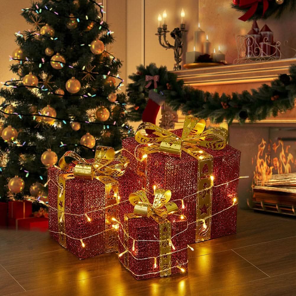 3pcs Christmas Gift Box Accessories Set with Light Strips-Red Box