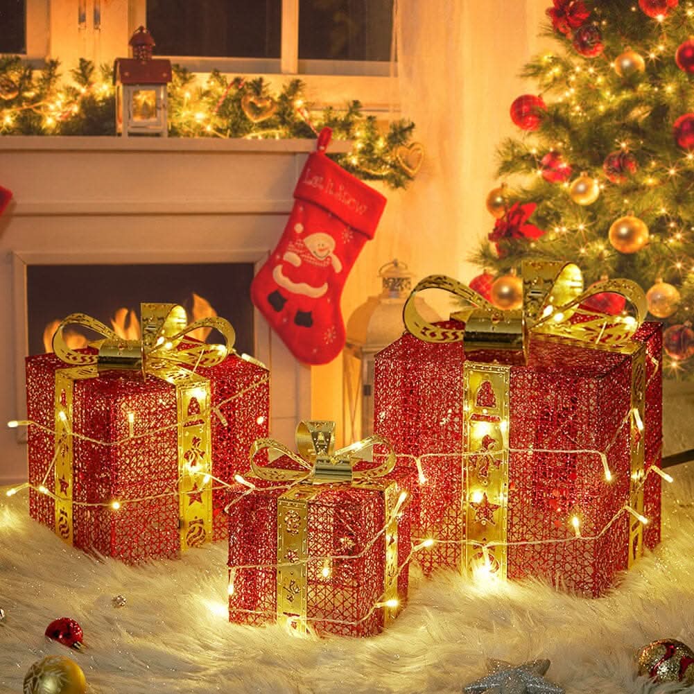 3pcs Christmas Gift Box Accessories Set with Light Strips-Red Box
