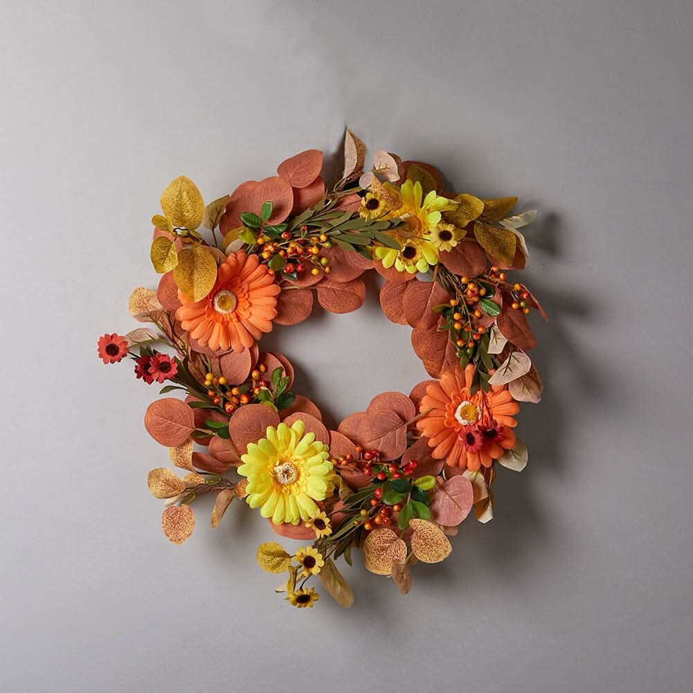 Autumn Maple Leaf & Pumpkin Wreath with Warm Copper Wire Lights – 50cm