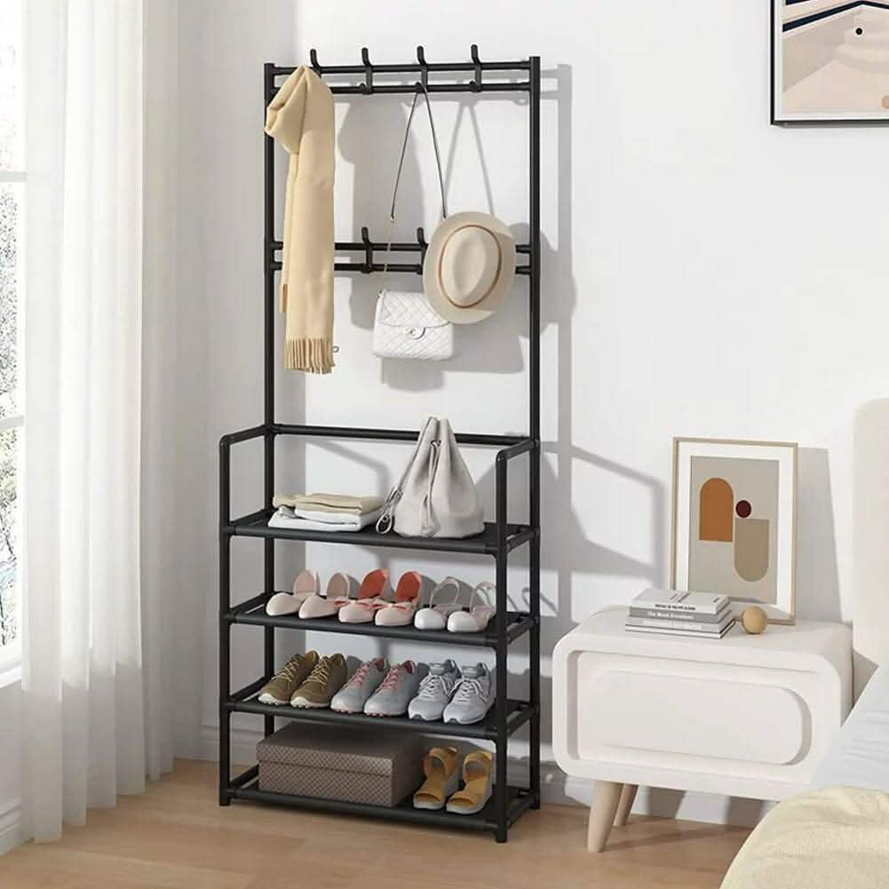 Modern 4-Tier Coat and Shoe Rack with Hooks - Black