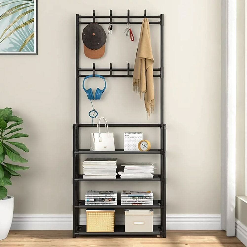 Modern 4-Tier Coat and Shoe Rack with Hooks - Black
