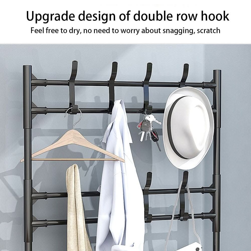 Modern 4-Tier Coat and Shoe Rack with Hooks - Black