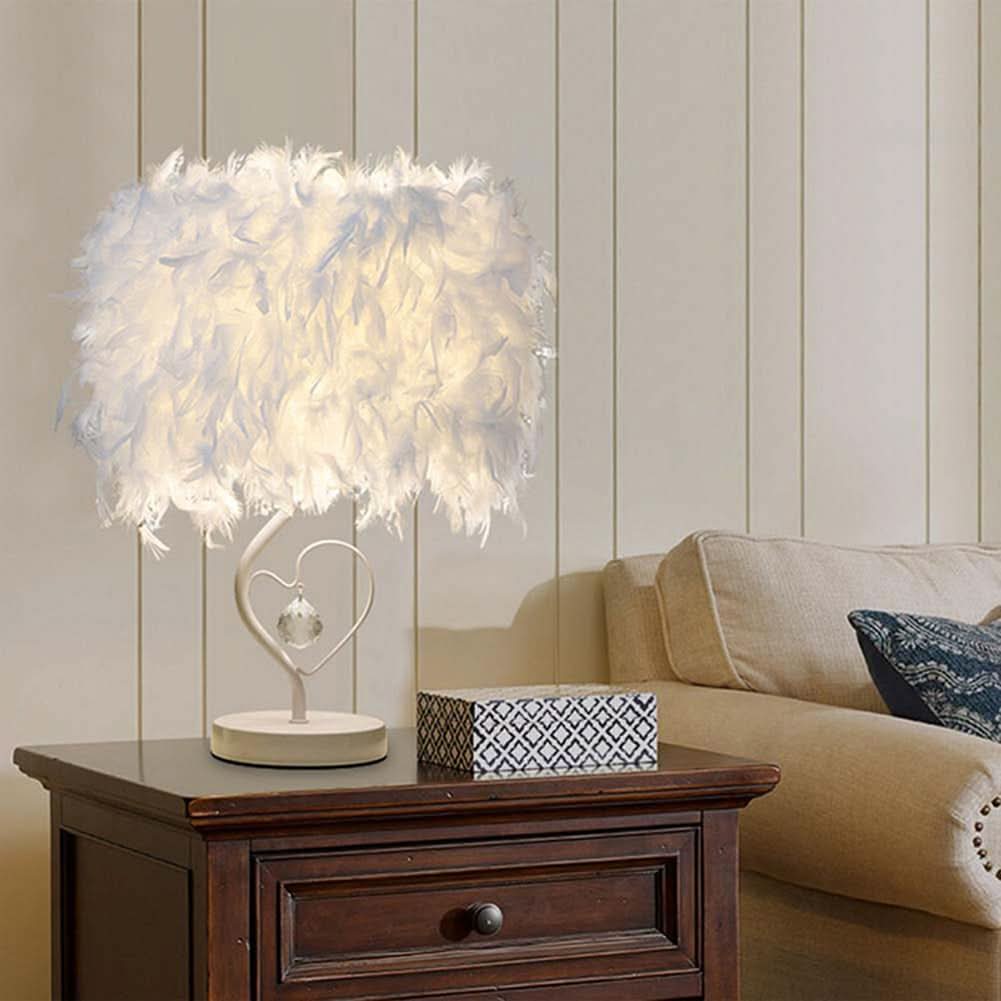 White Feather Table Lamp Bedside Nightstand Lamp with Heart Shape Base
