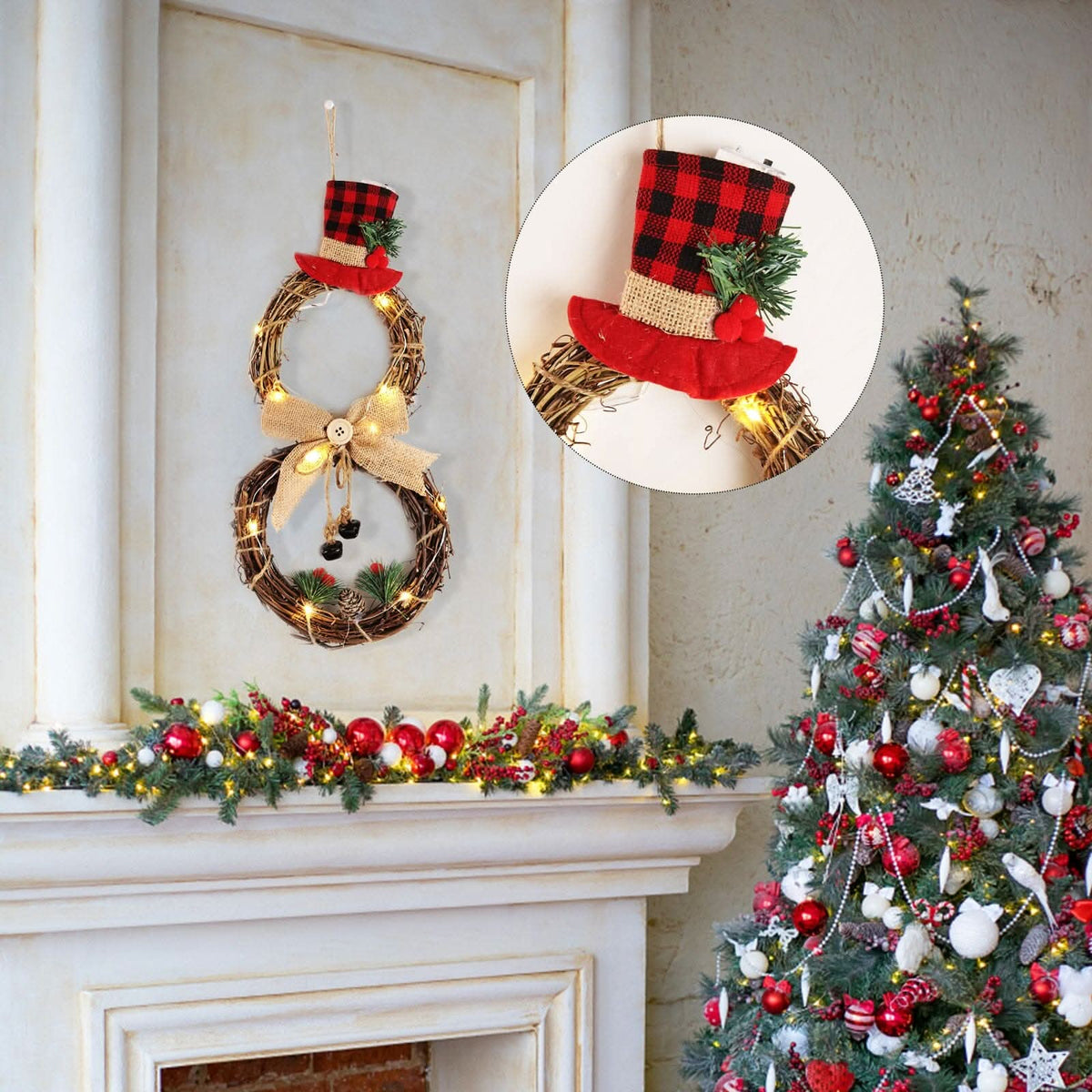 Christmas Snowman Wreath 40x20cm with LED Lights