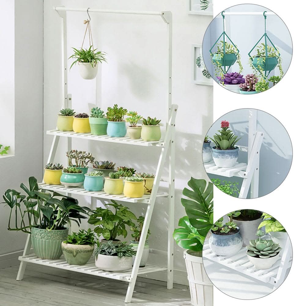 White 3-Tier Wooden Ladder Plant Stand (70×40×96cm)