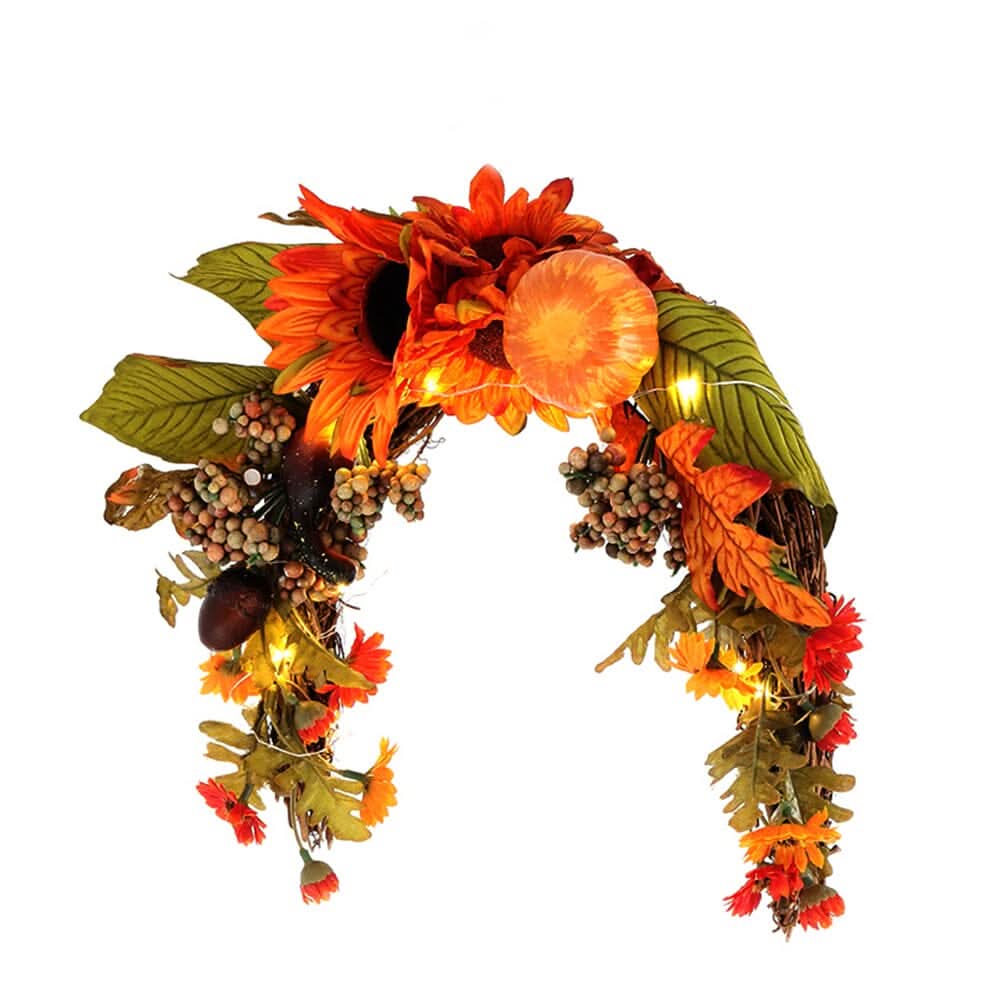 Autumn Sunflower & Chrysanthemum Wreath with Copper Wire Lights – 35cm Harvest Hanging Decor