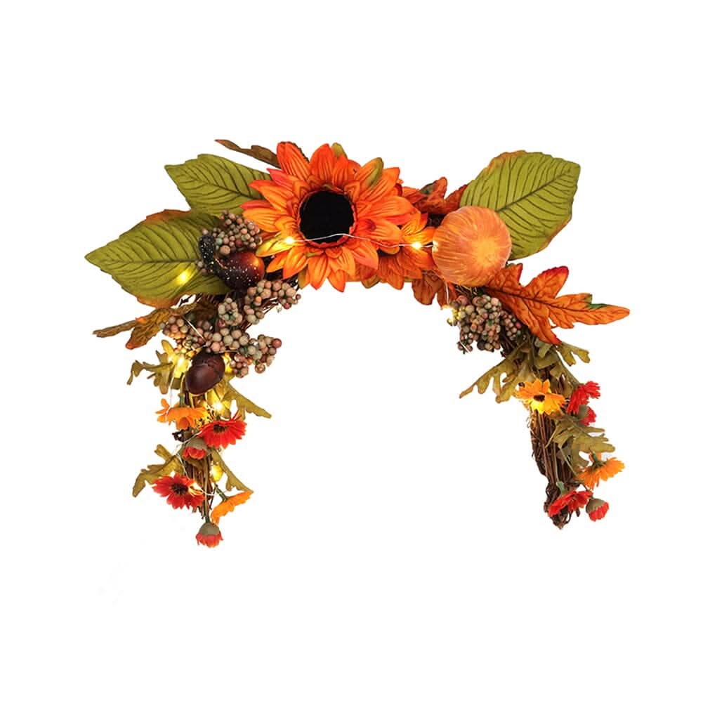 Autumn Sunflower & Chrysanthemum Wreath with Copper Wire Lights – 35cm Harvest Hanging Decor