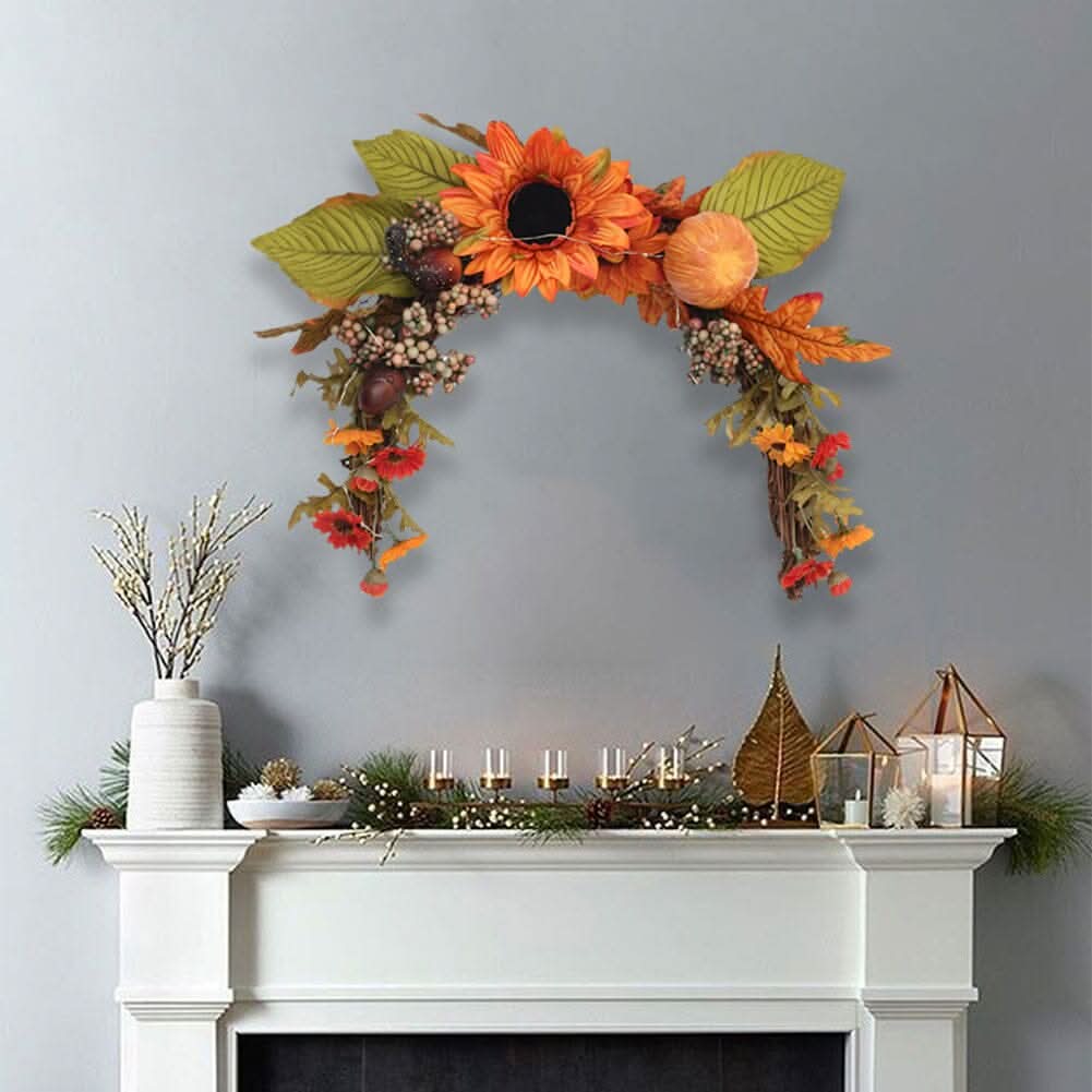 Autumn Sunflower & Chrysanthemum Wreath with Copper Wire Lights – 35cm Harvest Hanging Decor