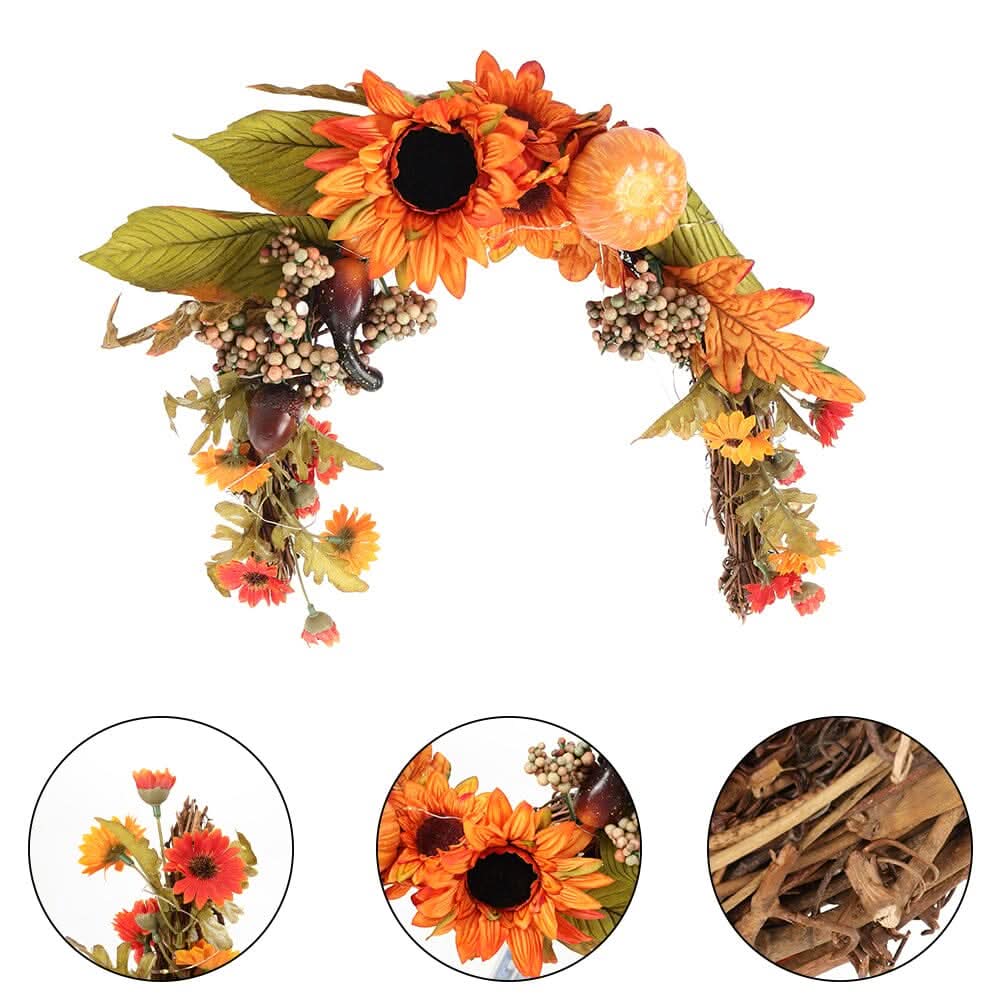 Autumn Sunflower & Chrysanthemum Wreath with Copper Wire Lights – 35cm Harvest Hanging Decor