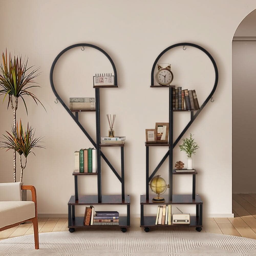 Heart-Shaped 2-Piece Multi-Tier Plant Stand Set Black Frame Vintage Wood Top