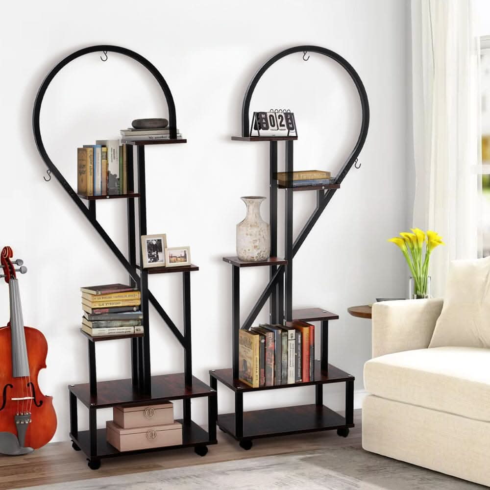 Heart-Shaped 2-Piece Multi-Tier Plant Stand Set Black Frame Vintage Wood Top