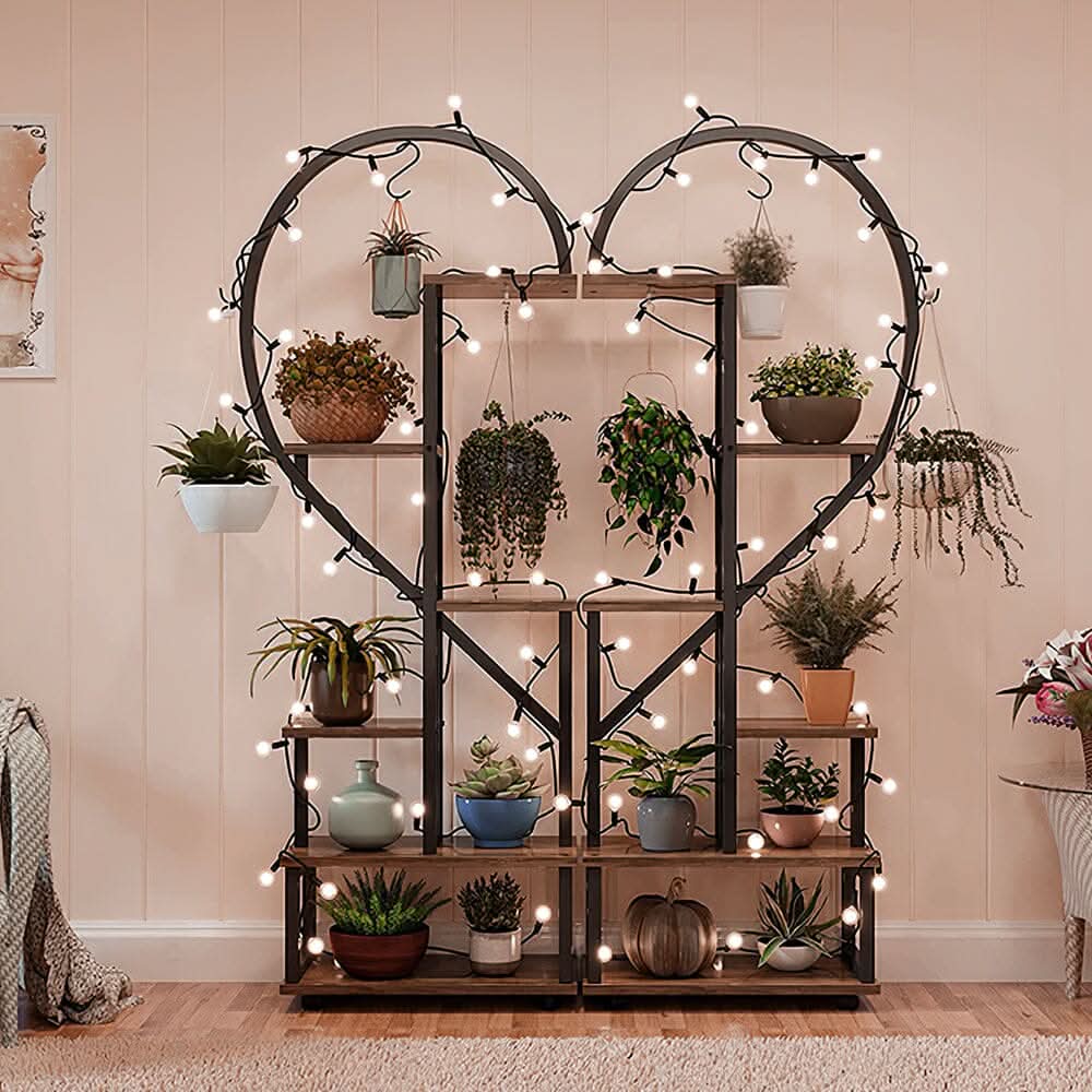 Heart-Shaped 2-Piece Multi-Tier Plant Stand Set Black Frame Vintage Wood Top