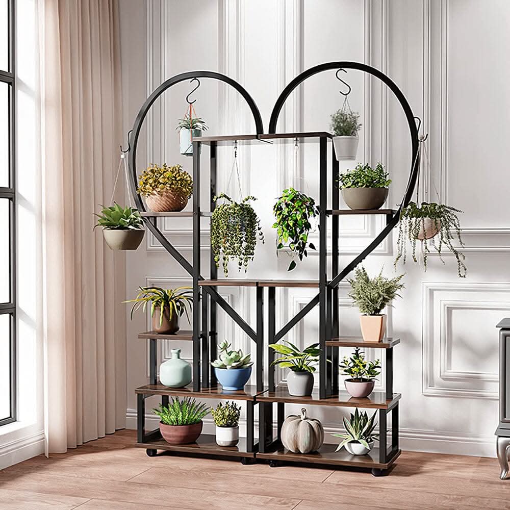 Heart-Shaped 2-Piece Multi-Tier Plant Stand Set Black Frame Vintage Wood Top