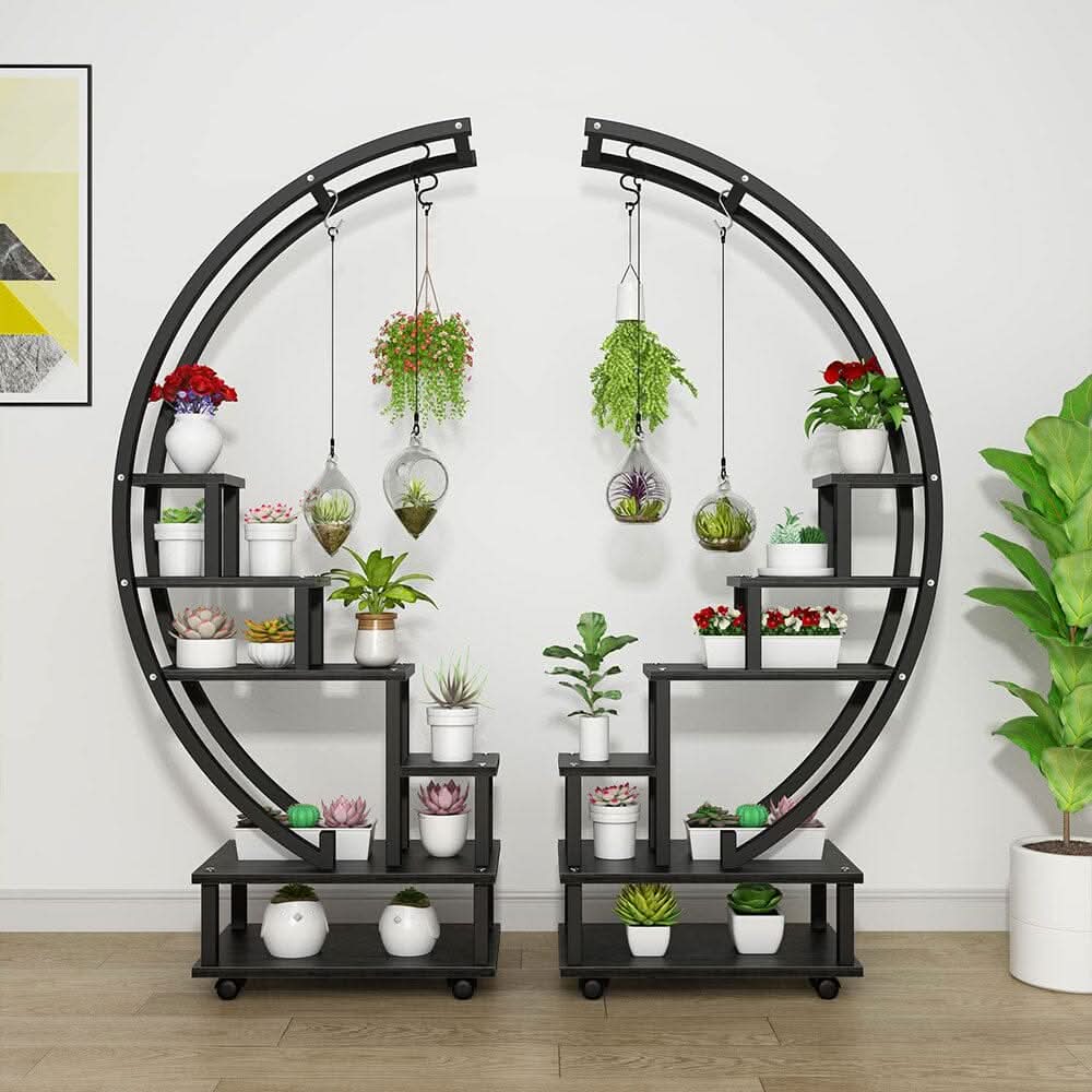 Half-Circle 2-Piece Multi-Tier Plant Stand Set Black Frame Black Shelves with Wheels