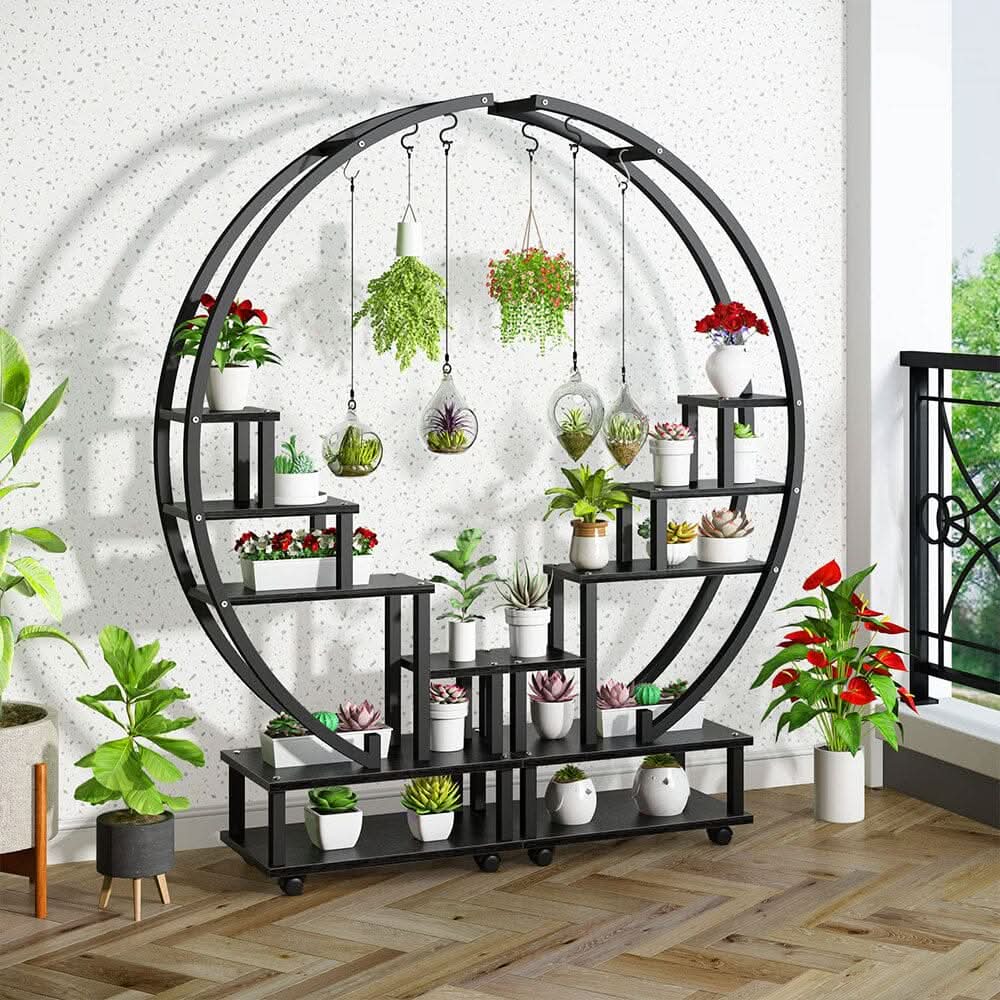 Half-Circle 2-Piece Multi-Tier Plant Stand Set Black Frame Black Shelves with Wheels