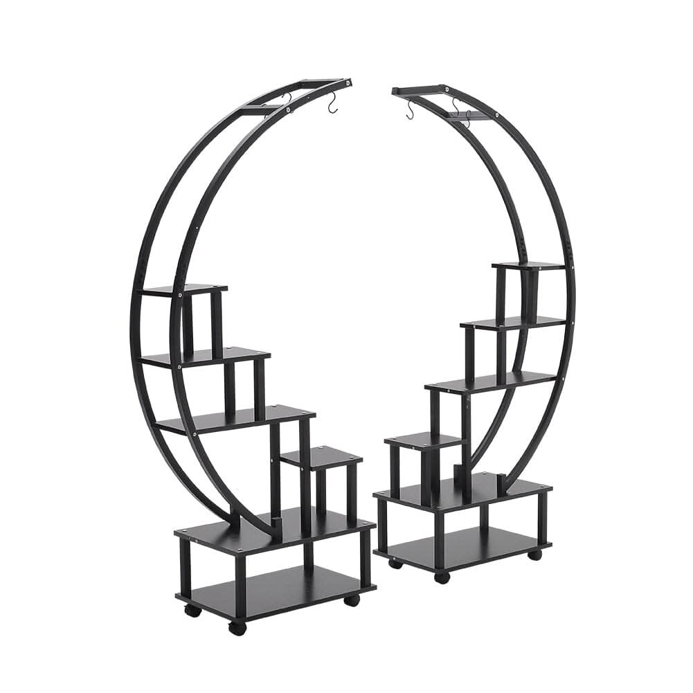 Half-Circle 2-Piece Multi-Tier Plant Stand Set Black Frame Black Shelves with Wheels