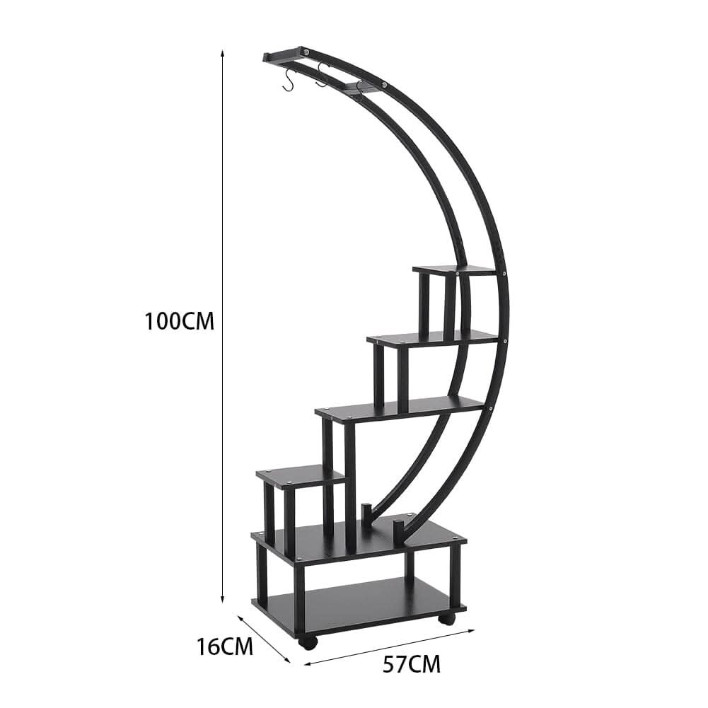 Half-Circle 2-Piece Multi-Tier Plant Stand Set Black Frame Black Shelves with Wheels