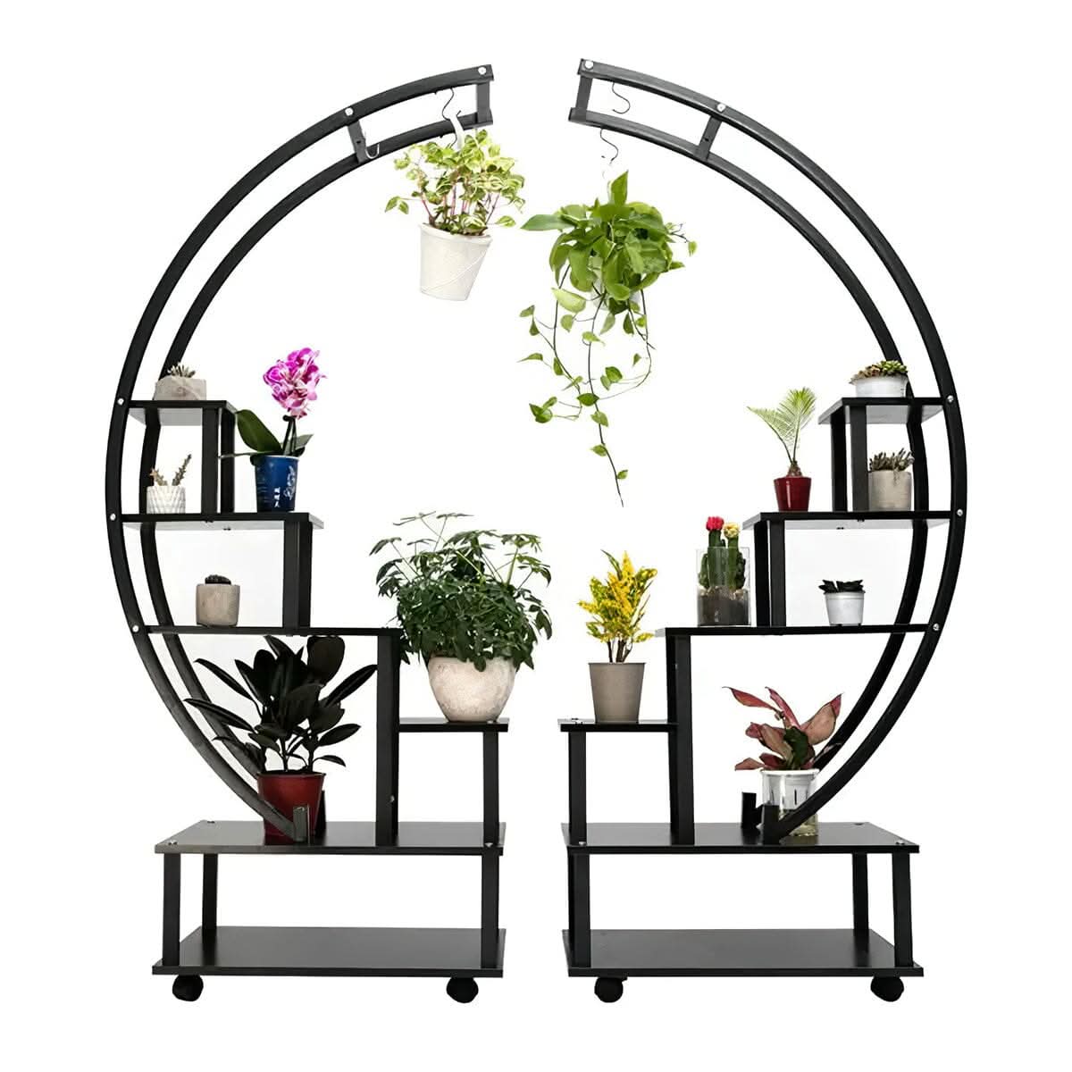 Half-Circle 2-Piece Multi-Tier Plant Stand Set Black Frame Black Shelves with Wheels