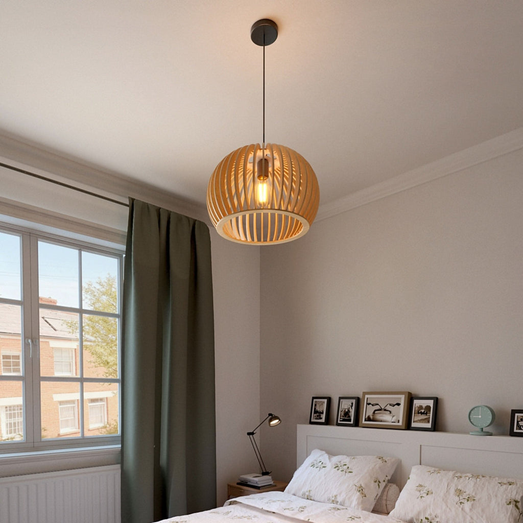 Lightsin Shadome-Natural Wood Pumpkin Pendant Light Eco Friendly Rustic Hanging Lamp for Home Decor
