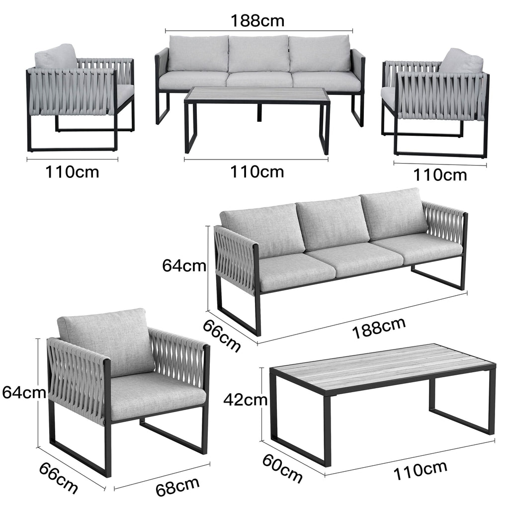 4 Piece Aluminium Outdoor Sofa Set with Glass Table Garden Furniture