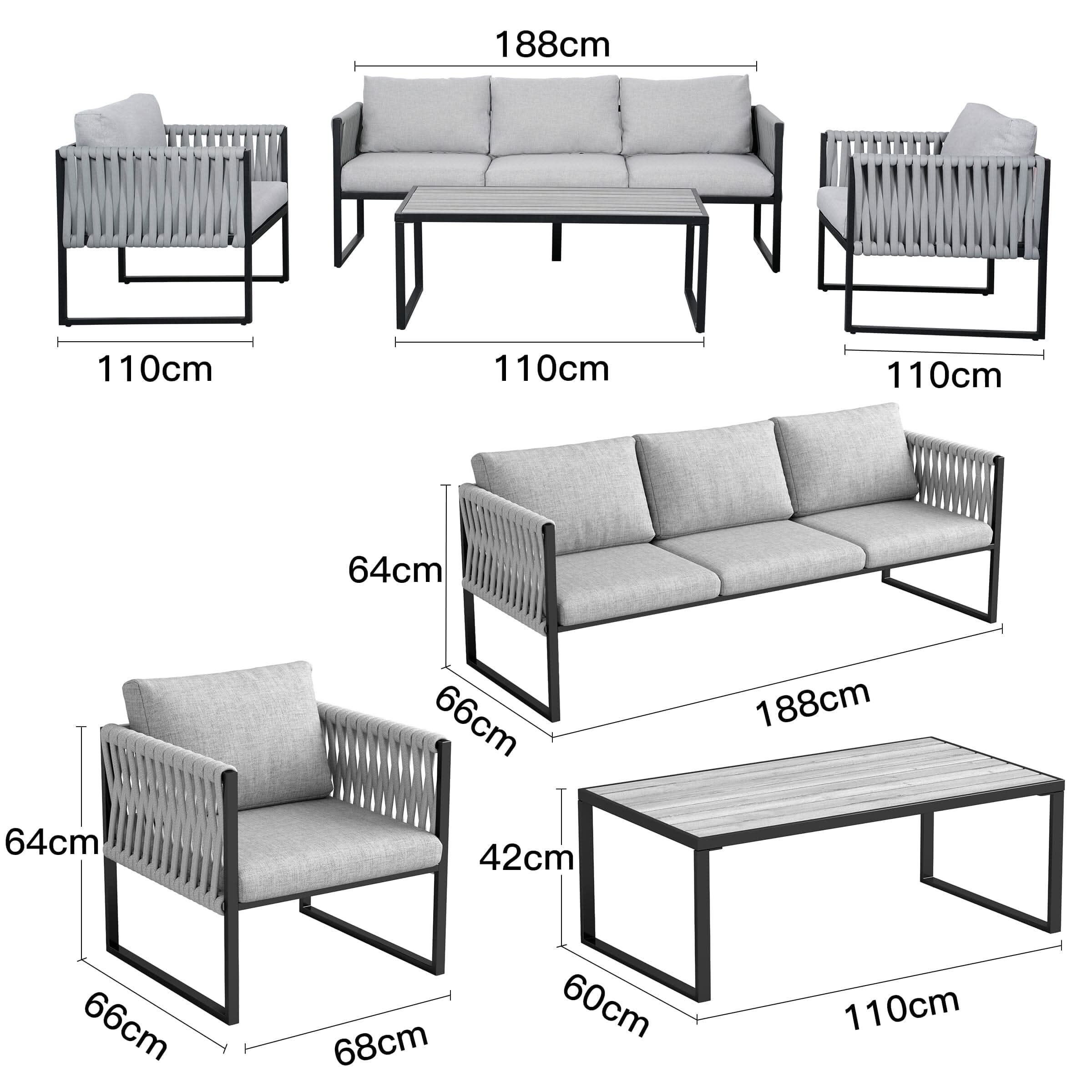 4 Piece Aluminium Outdoor Sofa Set with Glass Table Garden Furniture