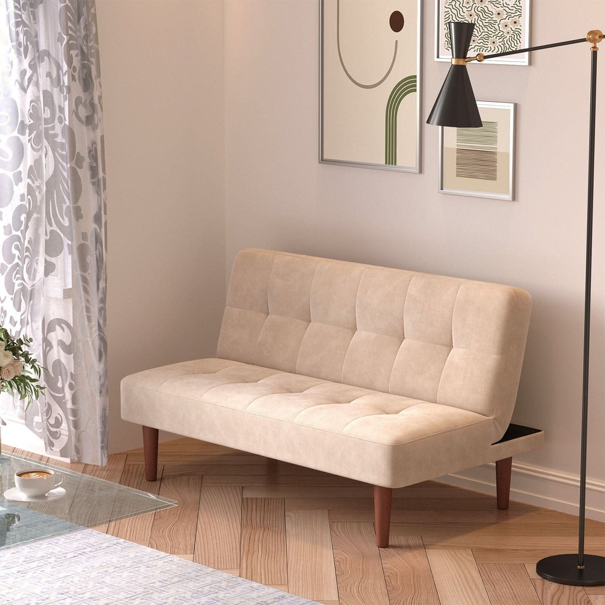 4ft Sofa Bed Wide Modern 2 Seater Padded Convertible Sofa Bed with Wooden Legs