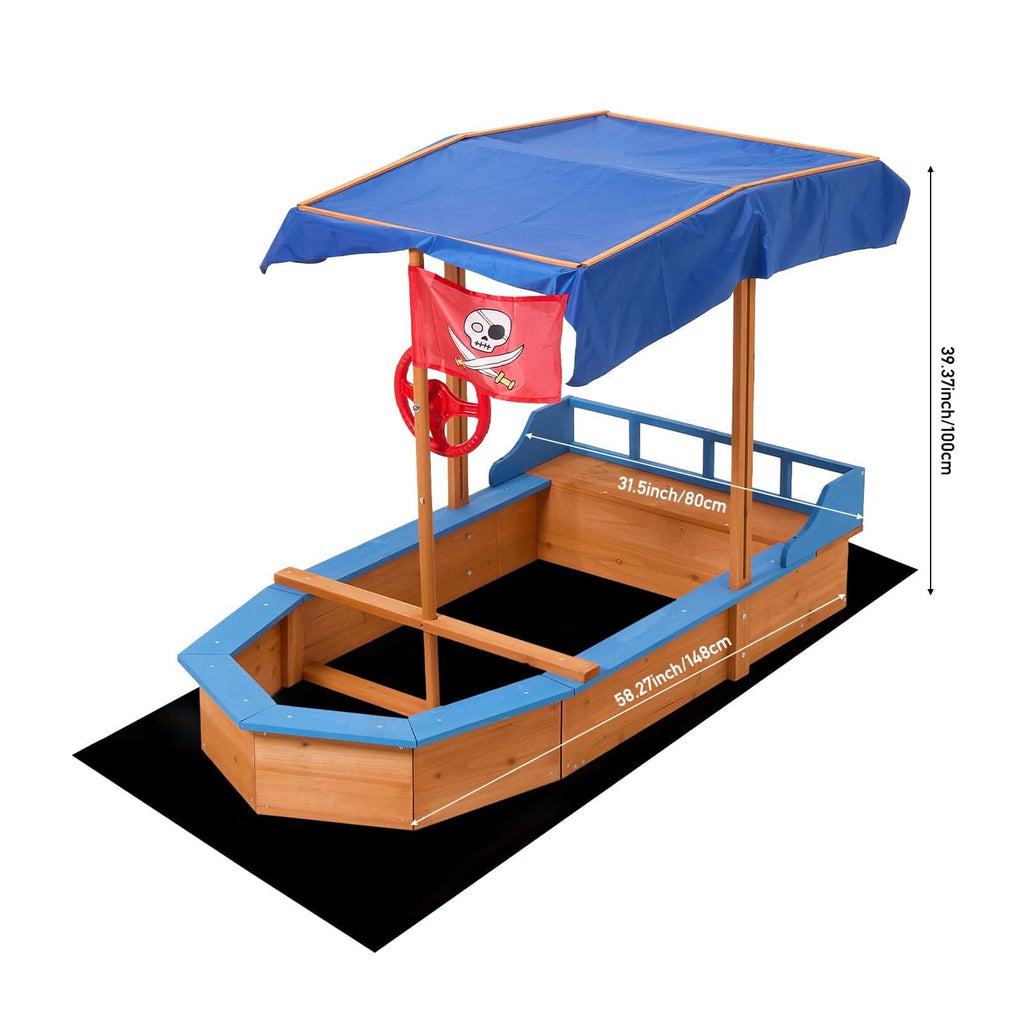 Kids Wooden Pirate Ship Sandbox with Canopy – Indoor & Outdoor Play Set