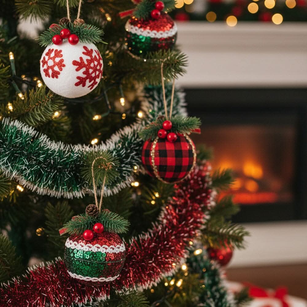 Plaid Fabric Ball Christmas Decoration 8cm