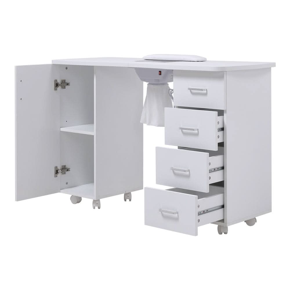 4ft Wide White Manicure Table with Dust Collector and Wrist Cushion