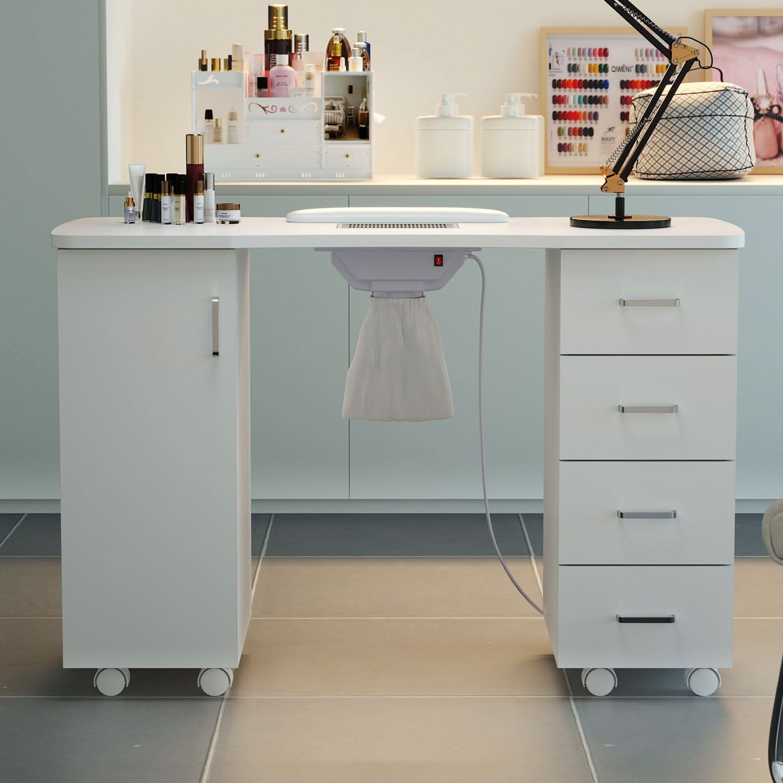 4ft Wide White Manicure Table with Dust Collector and Wrist Cushion