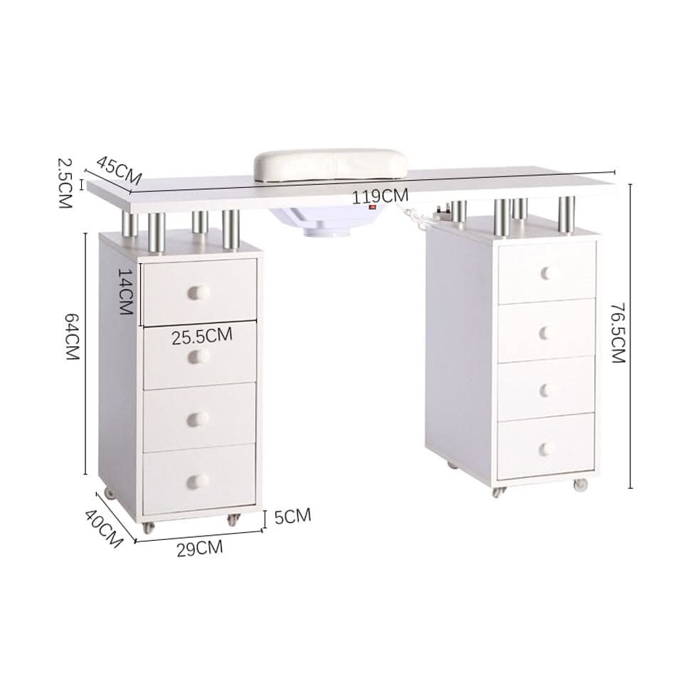 4ft Wide White Movable Manicure Table Nail Station with Dust Collector