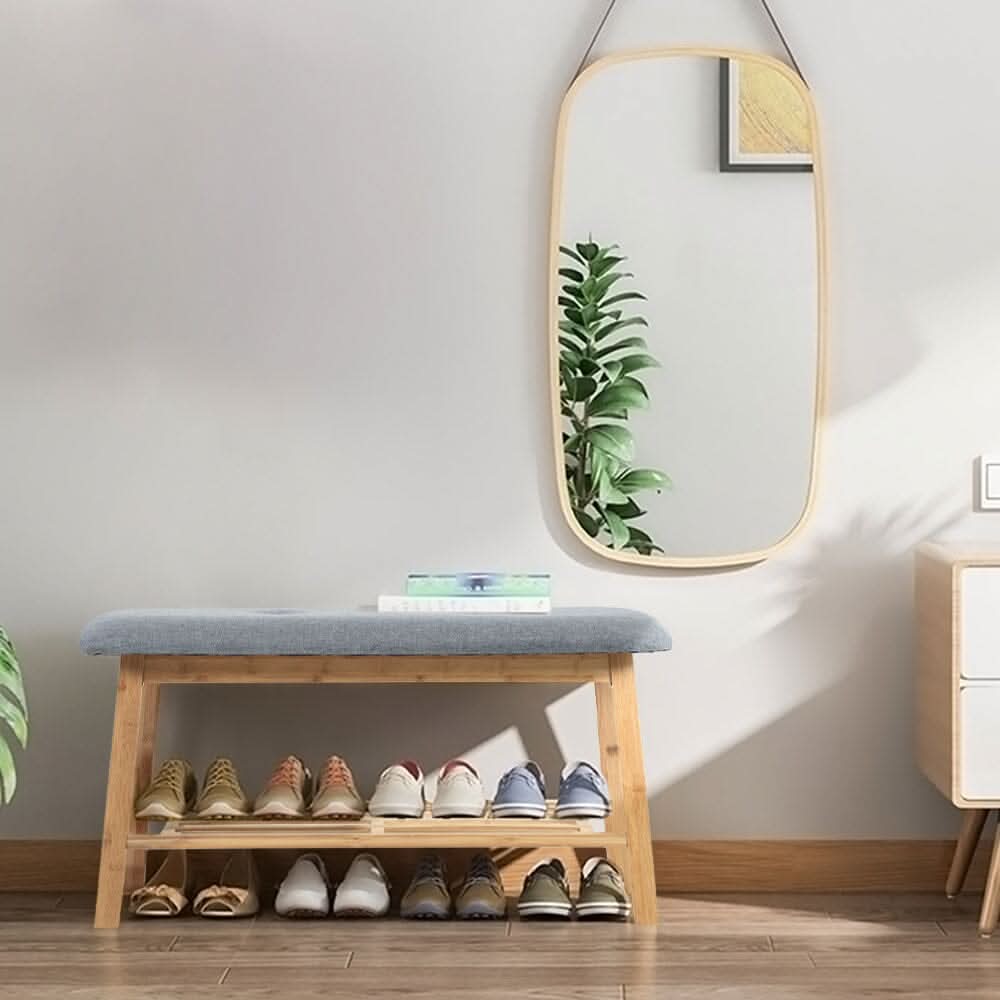 Natural Bamboo Shoe Bench With Grey Fabric Cushion Hallway Storage Organiser