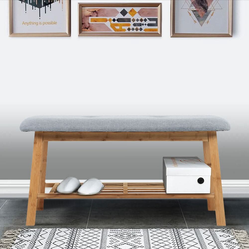 Natural Bamboo Shoe Bench With Grey Fabric Cushion Hallway Storage Organiser