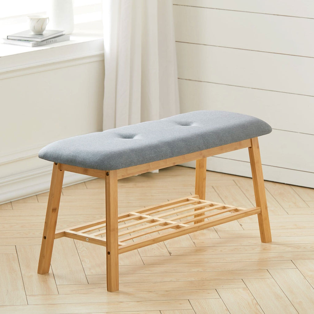 Natural Bamboo Shoe Bench With Grey Fabric Cushion Hallway Storage Organiser