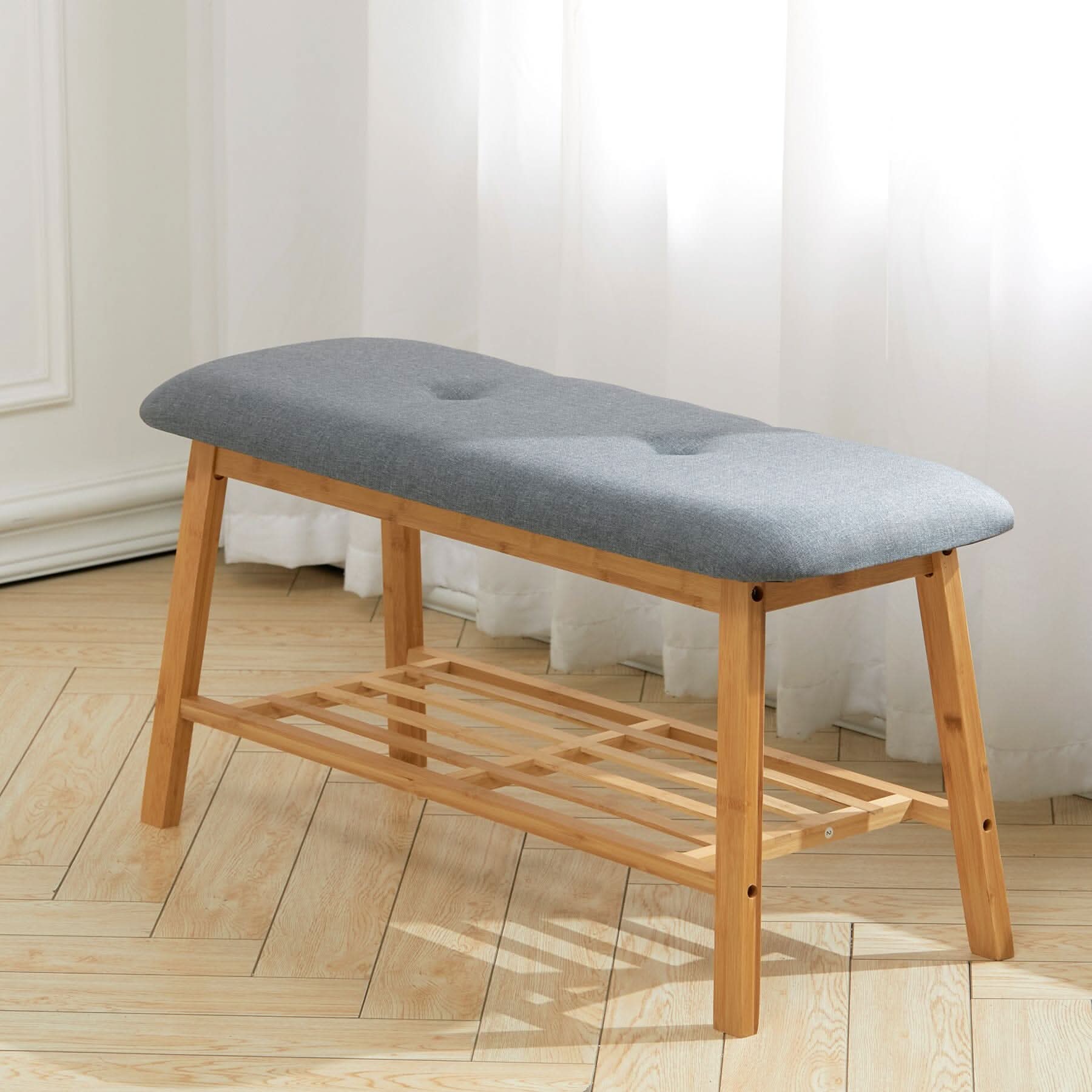 Natural Bamboo Shoe Bench With Grey Fabric Cushion Hallway Storage Organiser