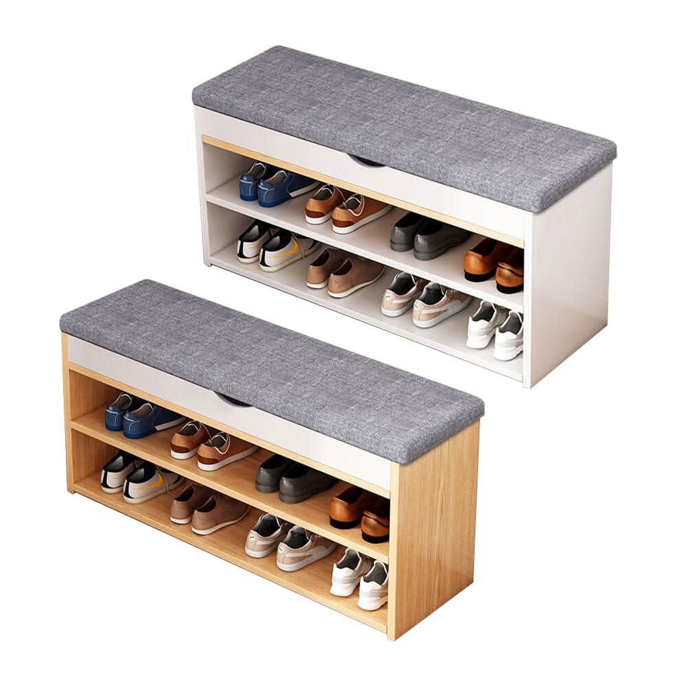 Shoe Storage Bench With Flip-Top Cushion & Open Shelves Hallway Organiser