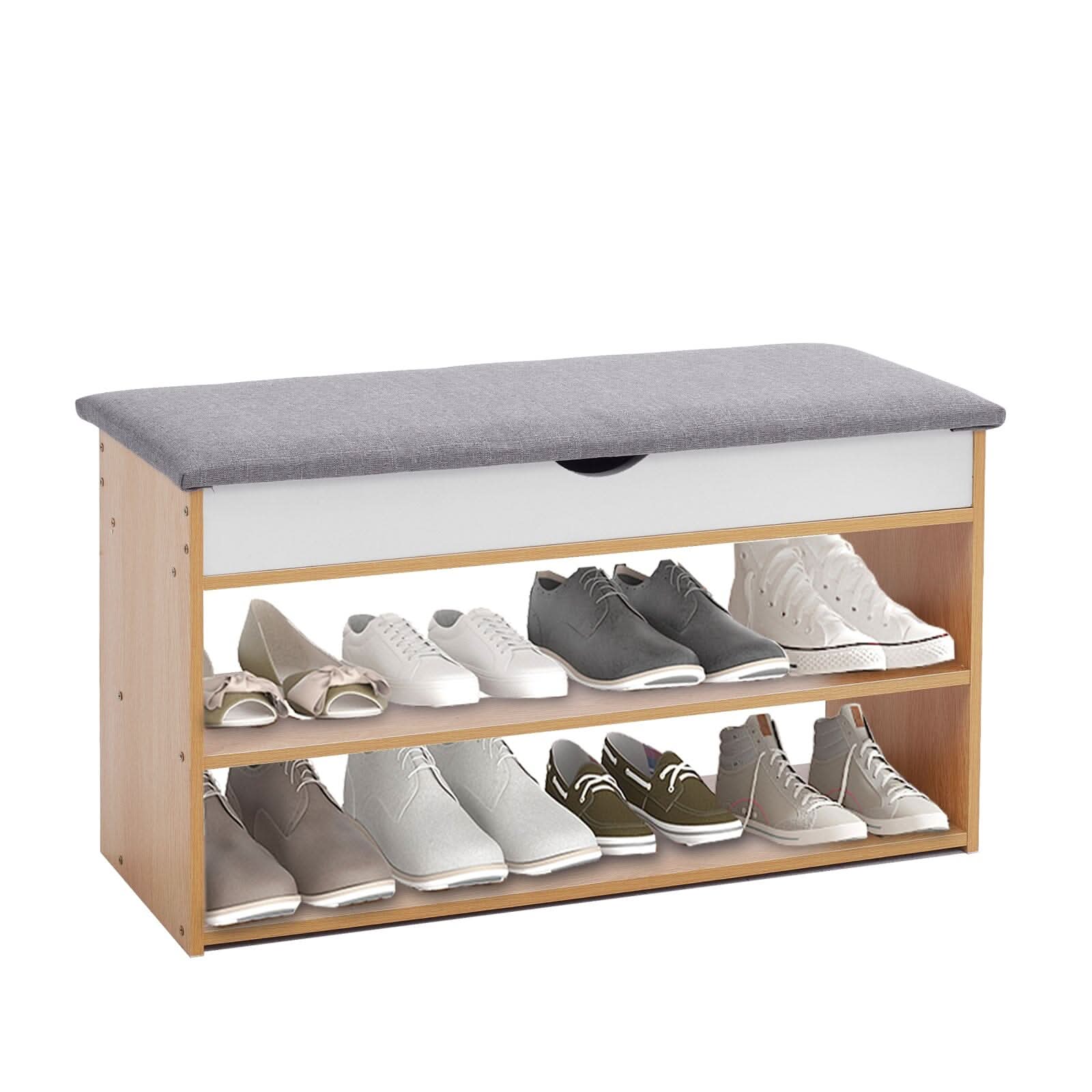 Shoe Storage Bench With Flip-Top Cushion & Open Shelves Hallway Organiser