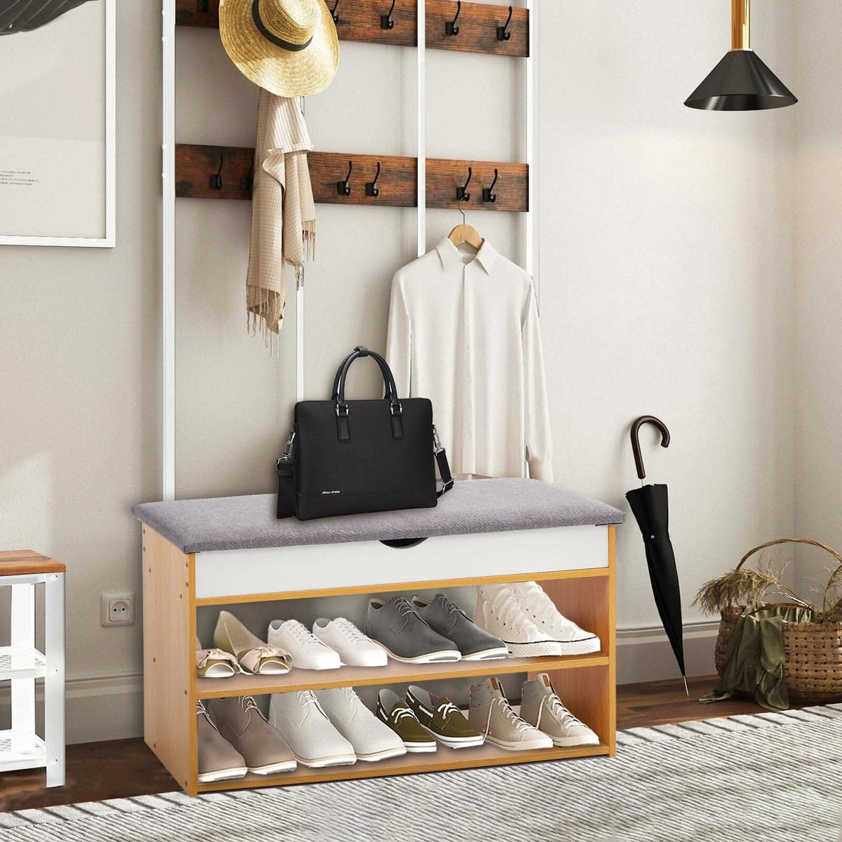 Shoe Storage Bench With Flip-Top Cushion & Open Shelves Hallway Organiser