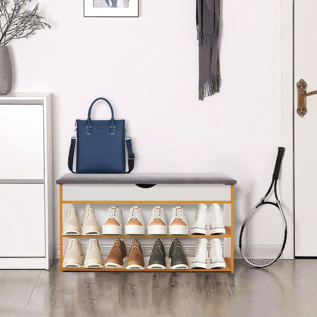 Shoe Storage Bench With Flip-Top Cushion & Open Shelves Hallway Organiser