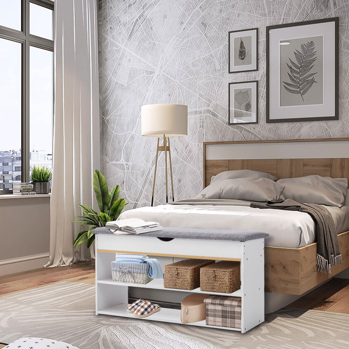 Shoe Storage Bench With Flip-Top Cushion & Open Shelves Hallway Organiser