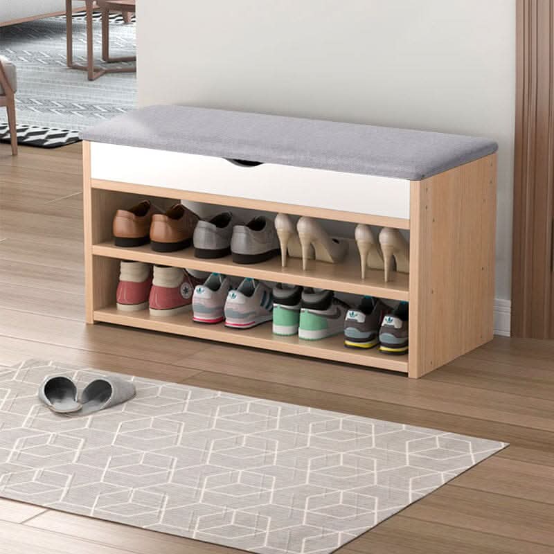 Shoe Storage Bench With Flip-Top Cushion & Open Shelves Hallway Organiser