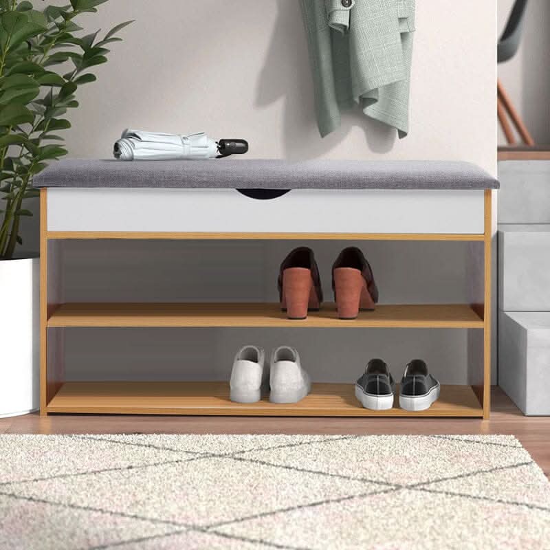 Shoe Storage Bench With Flip-Top Cushion & Open Shelves Hallway Organiser