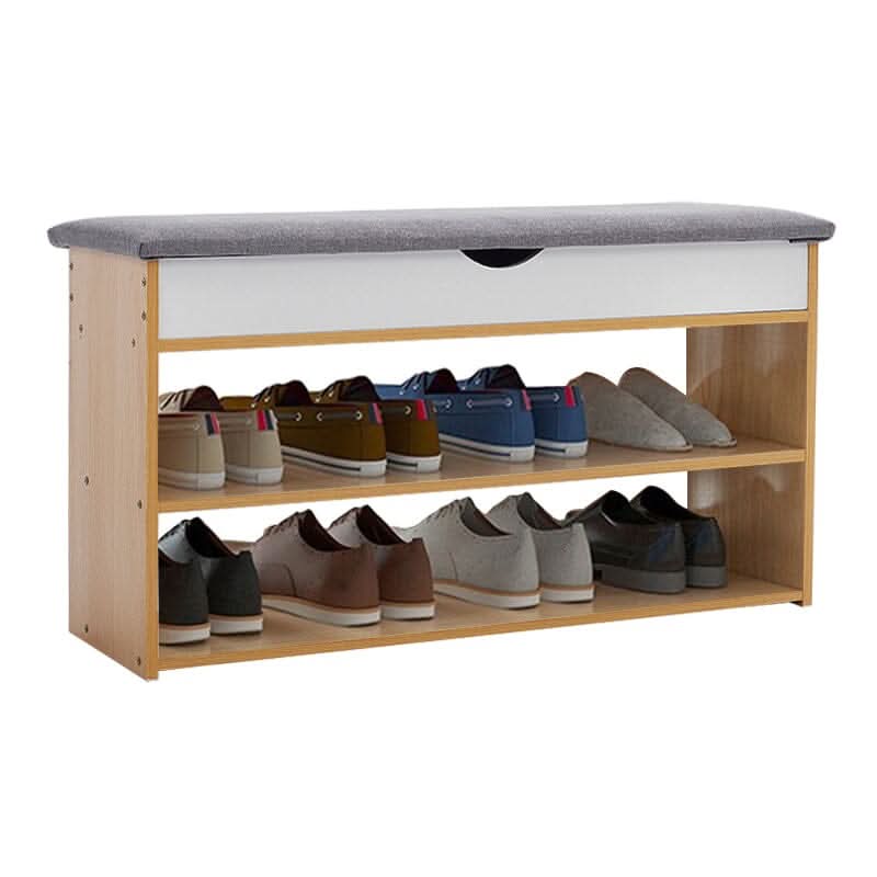 Shoe Storage Bench With Flip-Top Cushion & Open Shelves Hallway Organiser