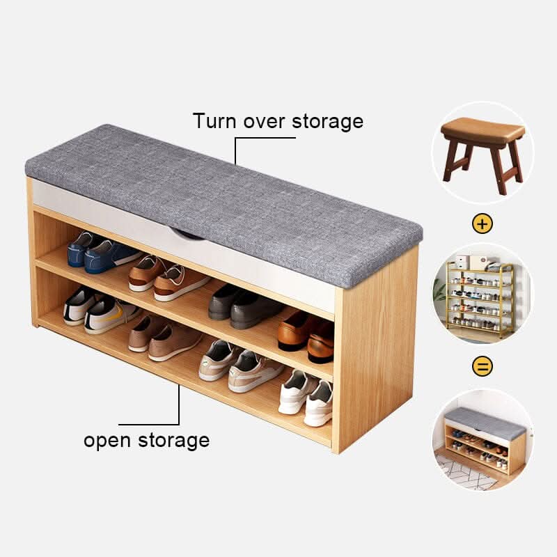 Shoe Storage Bench With Flip-Top Cushion & Open Shelves Hallway Organiser